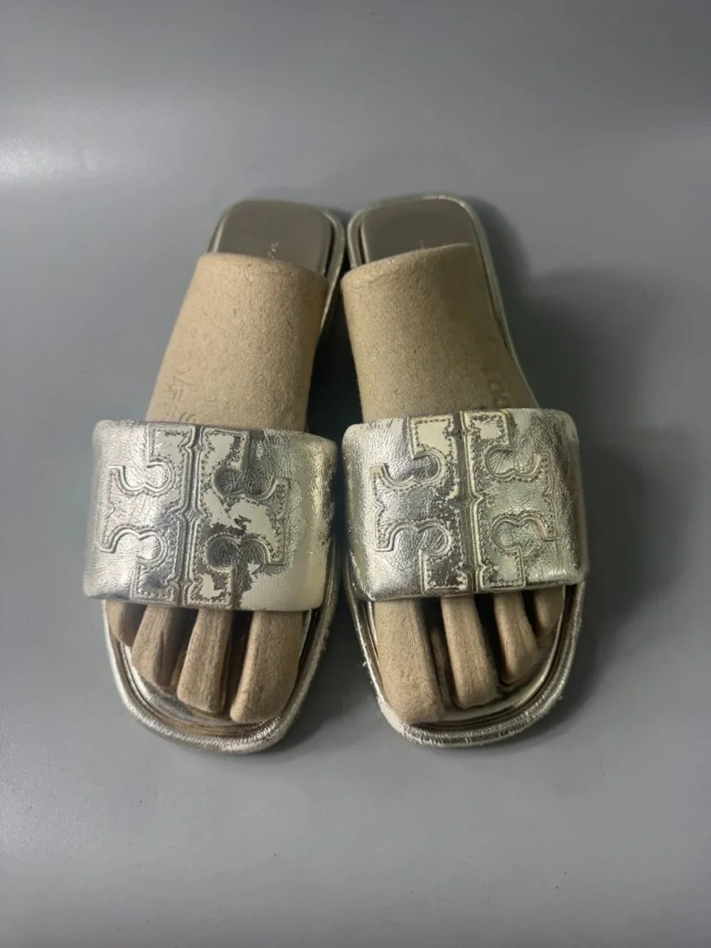 TORY BURCH Double T Sport Metallic Slide Sandals In Spark Gold- Size US 8